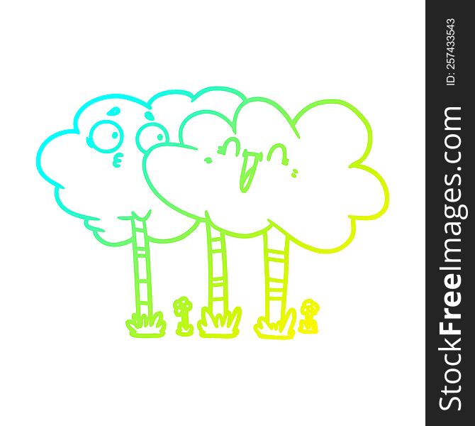 cold gradient line drawing of a cartoon trees with faces