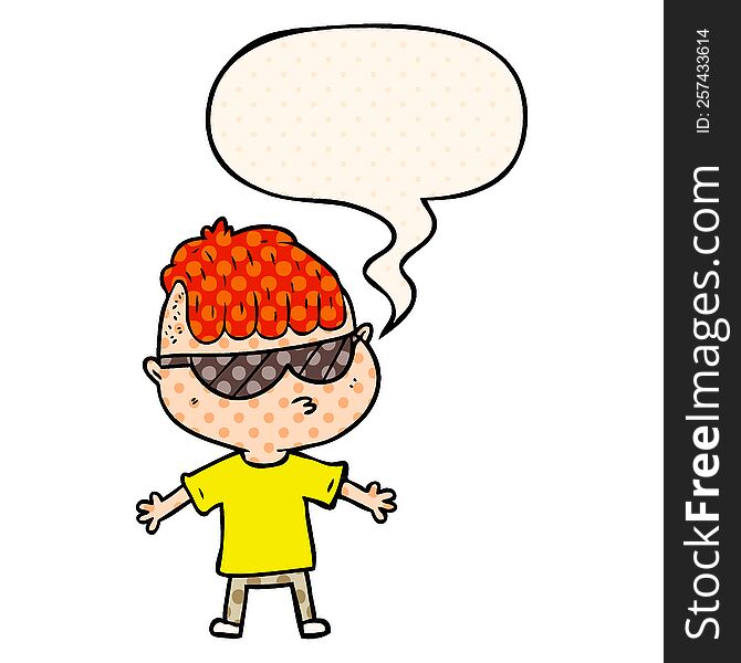 cartoon boy wearing sunglasses with speech bubble in comic book style