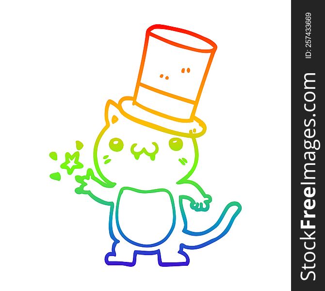 Rainbow Gradient Line Drawing Cartoon Cat Wearing Top Hat