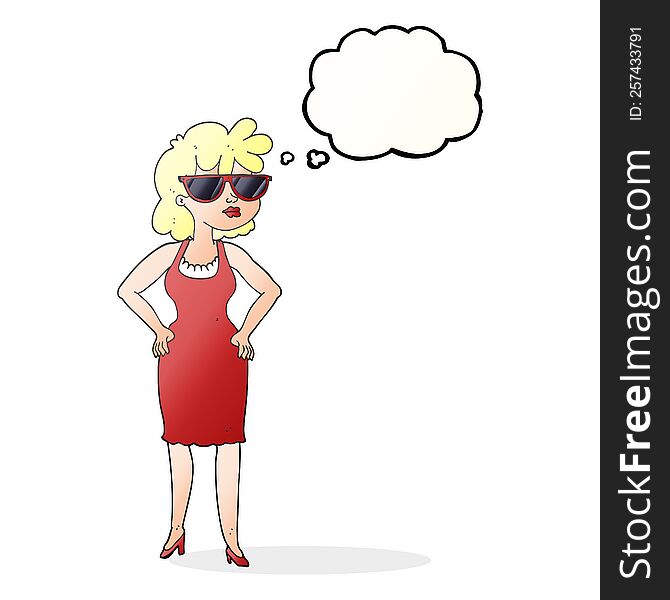 freehand drawn thought bubble cartoon woman wearing sunglasses