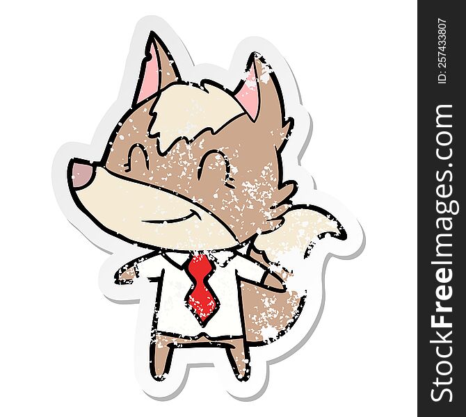 Distressed Sticker Of A Friendly Cartoon Wolf Office Worker