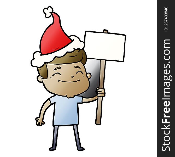 happy hand drawn gradient cartoon of a man with placard wearing santa hat. happy hand drawn gradient cartoon of a man with placard wearing santa hat