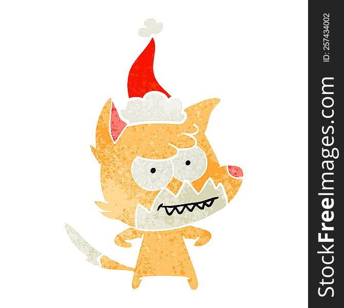 hand drawn retro cartoon of a grinning fox wearing santa hat