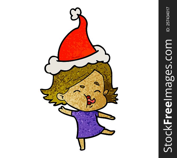 hand drawn textured cartoon of a girl pulling face wearing santa hat