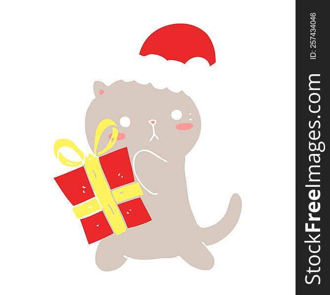 cute flat color style cartoon cat carrying christmas present