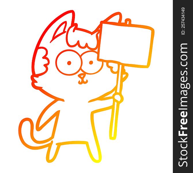 Warm Gradient Line Drawing Happy Cartoon Cat With Sign