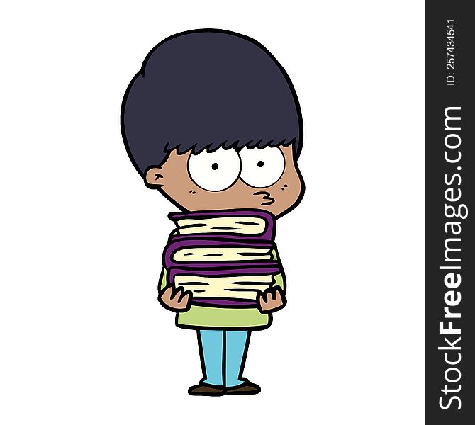 nervous cartoon boy carrying books. nervous cartoon boy carrying books