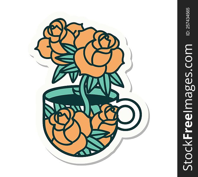 Tattoo Style Sticker Of A Cup And Flowers