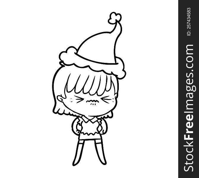 Annoyed Line Drawing Of A Girl Wearing Santa Hat