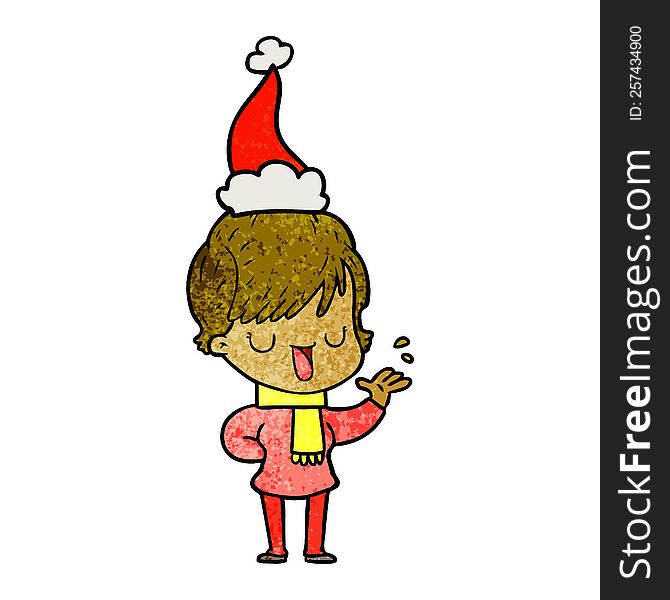 textured cartoon of a woman talking wearing santa hat