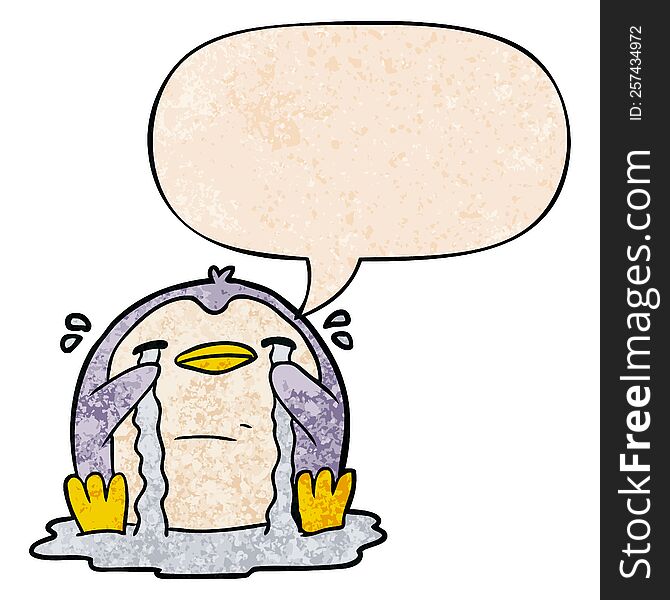 Cartoon Crying Penguin And Speech Bubble In Retro Texture Style