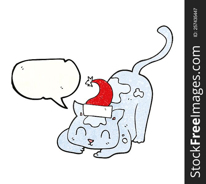 freehand speech bubble textured cartoon cat wearing christmas hat