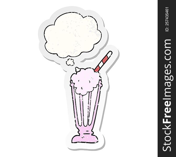 cartoon milkshake with thought bubble as a distressed worn sticker