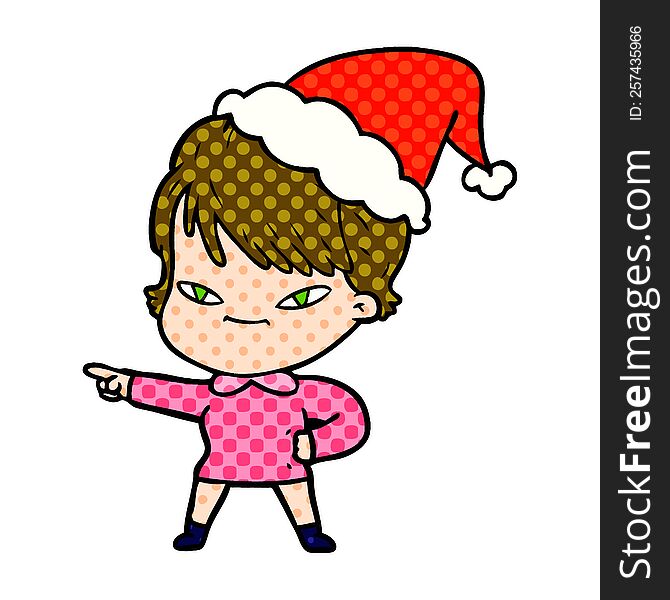 Comic Book Style Illustration Of A Happy Woman Wearing Santa Hat