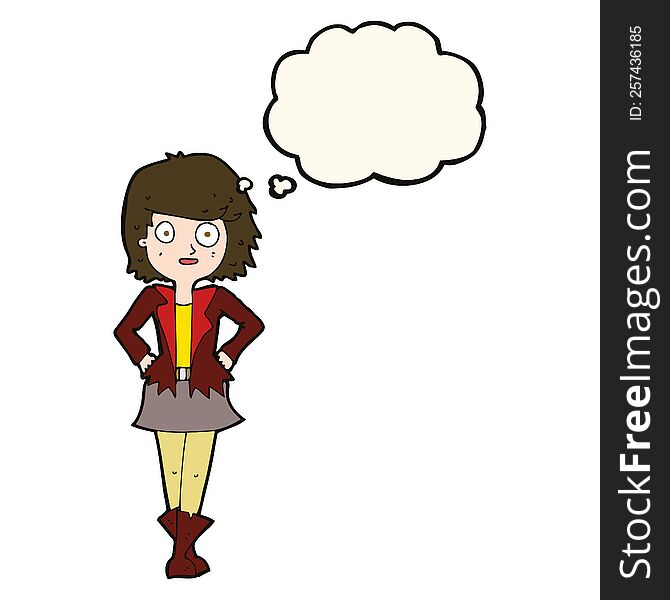 cartoon girl in jacket with thought bubble