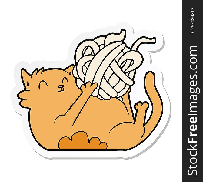 Sticker Of A Cartoon Cat Playing With Ball Of String