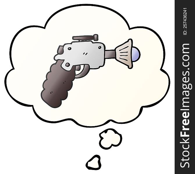 cartoon ray gun with thought bubble in smooth gradient style