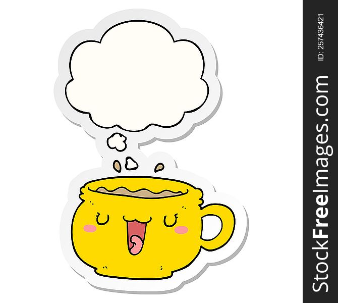 cute cartoon coffee cup with thought bubble as a printed sticker