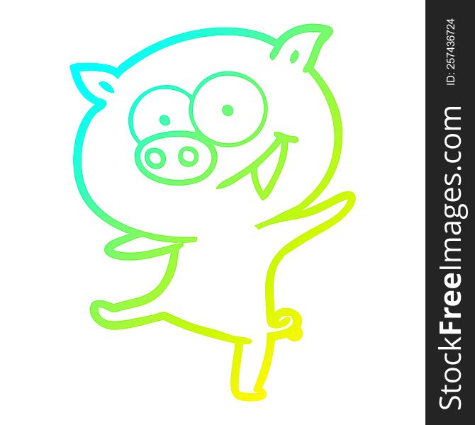 cold gradient line drawing of a cheerful dancing pig cartoon