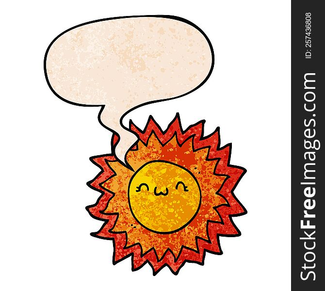 cartoon sun with speech bubble in retro texture style