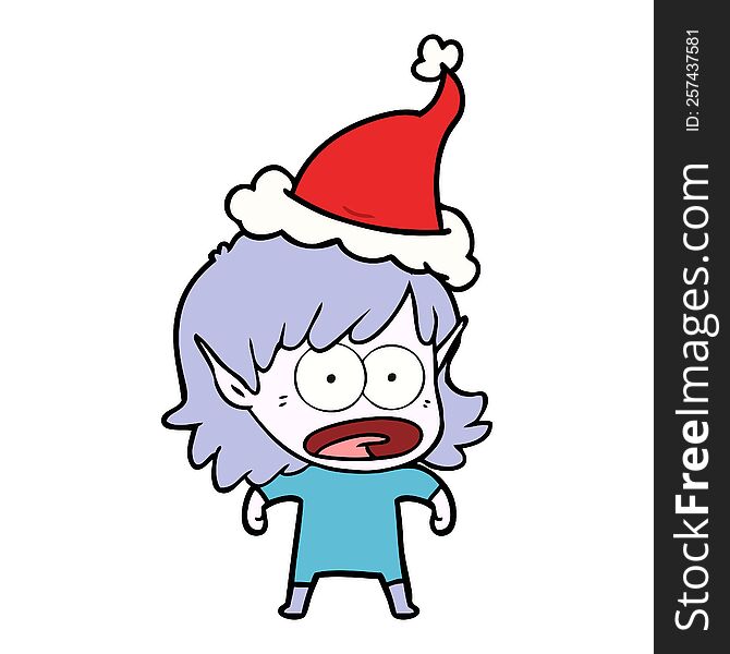 line drawing of a shocked elf girl wearing santa hat