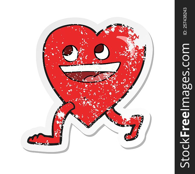 retro distressed sticker of a cartoon walking heart