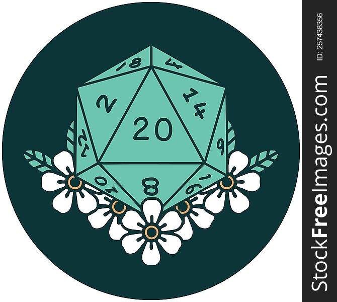 Natural 20 D20 Dice Roll With Floral Elements Icon