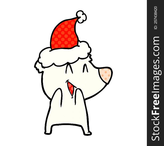 laughing polar bear hand drawn comic book style illustration of a wearing santa hat