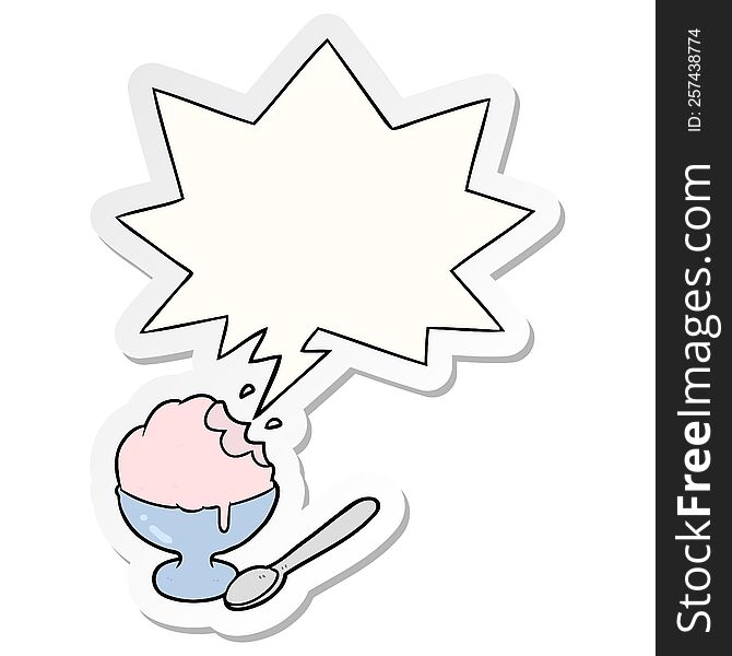 cartoon ice cream dessert in bowl and speech bubble sticker