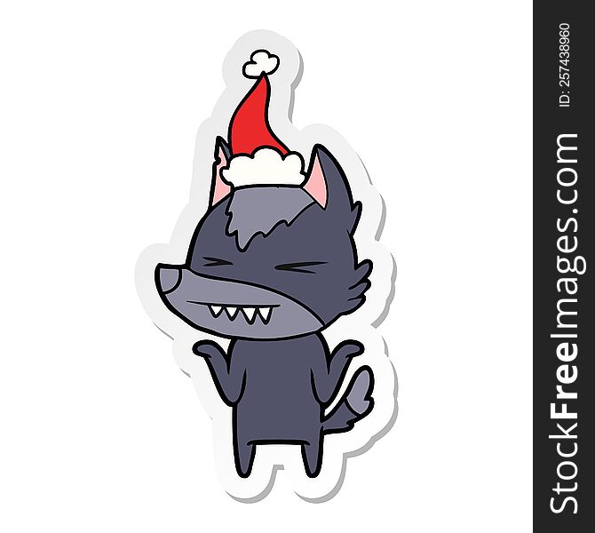 angry wolf hand drawn sticker cartoon of a wearing santa hat. angry wolf hand drawn sticker cartoon of a wearing santa hat