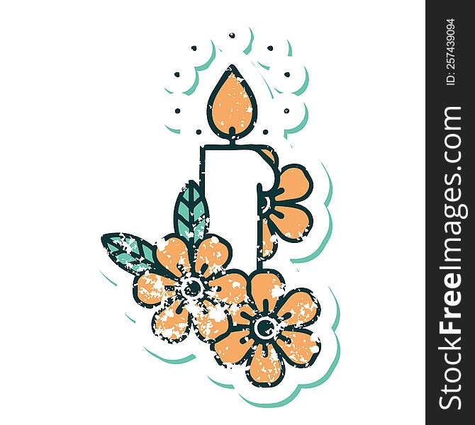 Distressed Sticker Tattoo Style Icon Of A Candle And Flowers