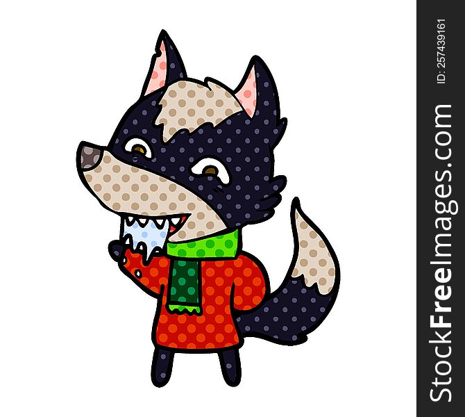 cartoon hungry wolf in winter clothes. cartoon hungry wolf in winter clothes