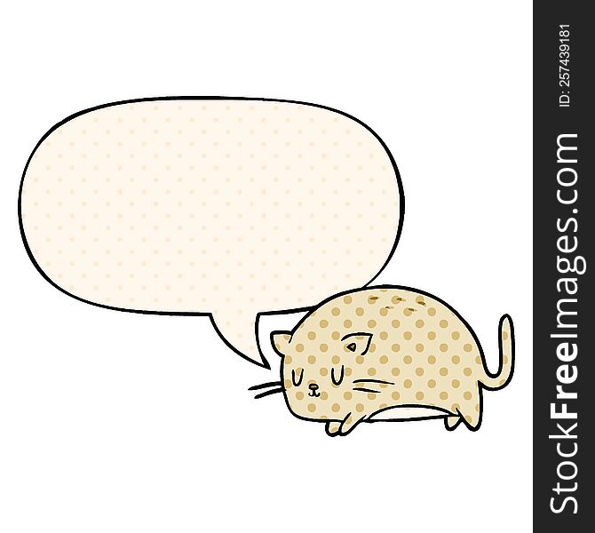 Cute Fat Cartoon Cat And Speech Bubble In Comic Book Style