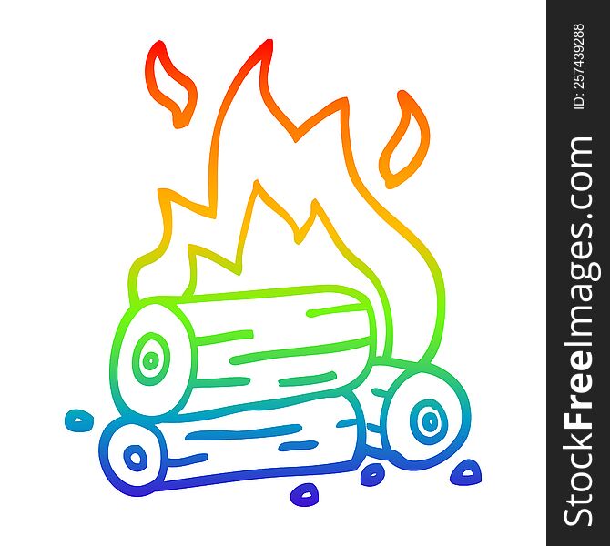 rainbow gradient line drawing of a cartoon burning logs