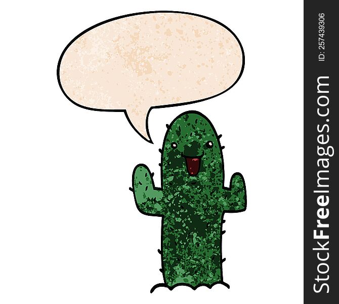 Cartoon Cactus And Speech Bubble In Retro Texture Style