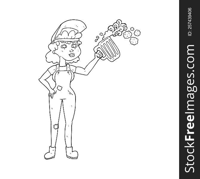 freehand drawn black and white cartoon hard working woman with beer