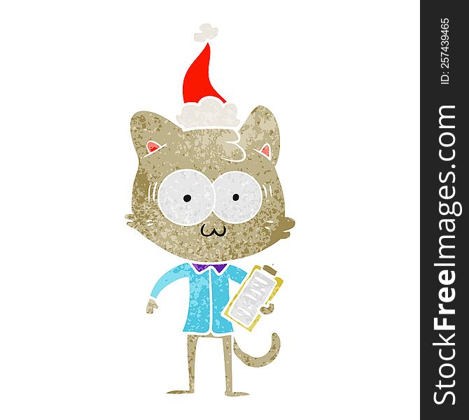 Retro Cartoon Of A Surprised Office Worker Cat Wearing Santa Hat