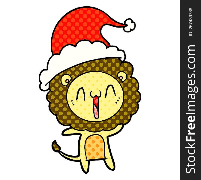 Happy Comic Book Style Illustration Of A Lion Wearing Santa Hat