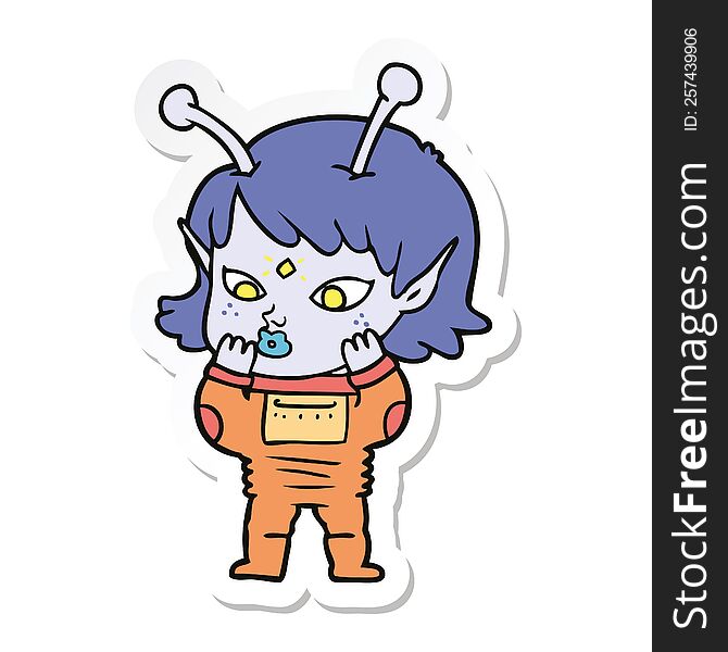 Sticker Of A Pretty Cartoon Nervous Alien Girl