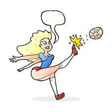 Cartoon Female Soccer Player Kicking Ball With Speech Bubble Stock Images Cartoon Female Soccer Player Kicking Ball With Speech Bubble Stock Images