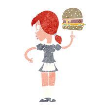 Cartoon Waitress Serving A Burger Stock Images