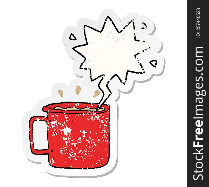 Cartoon Camping Cup Of Coffee And Speech Bubble Distressed Sticker