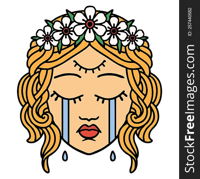 tattoo in traditional style of female face with third eye and crown of flowers cyring. tattoo in traditional style of female face with third eye and crown of flowers cyring