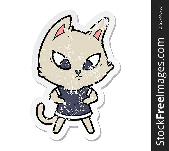 Distressed Sticker Of A Confused Cartoon Cat In Clothes