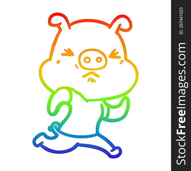 Rainbow Gradient Line Drawing Cartoon Angry Pig Wearing Tee Shirt