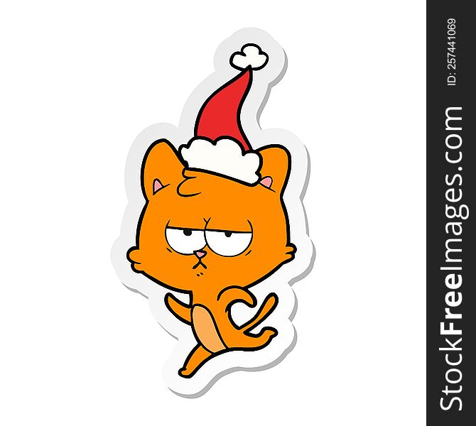 Bored Sticker Cartoon Of A Cat Wearing Santa Hat