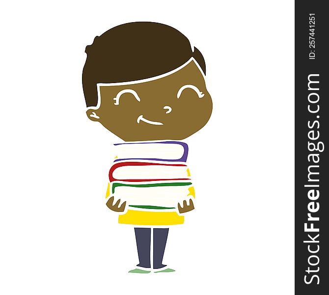 flat color style cartoon boy with books smiling