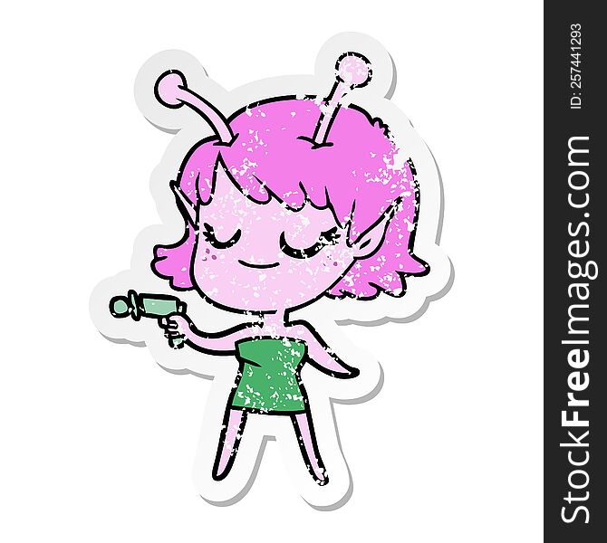 distressed sticker of a smiling alien girl cartoon pointing ray gun