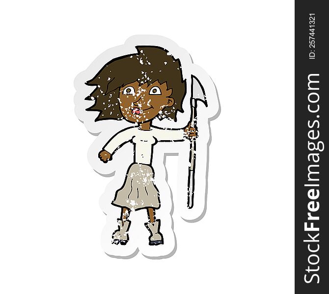 retro distressed sticker of a cartoon woman with spear