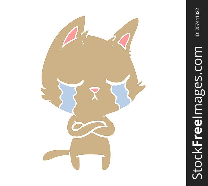 Crying Flat Color Style Cartoon Cat With Folded Arms
